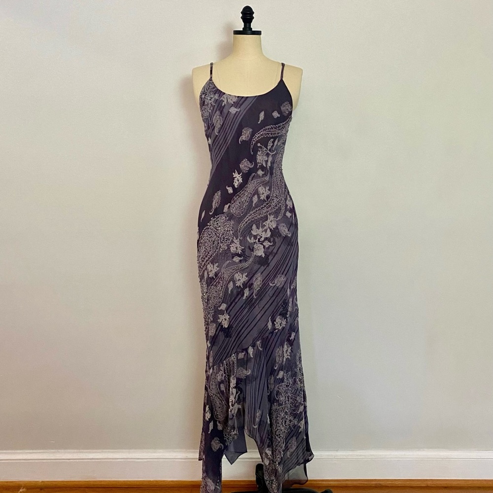 Stunning Vintage 100% Silk Beaded Gown with Asymmetrical Hem